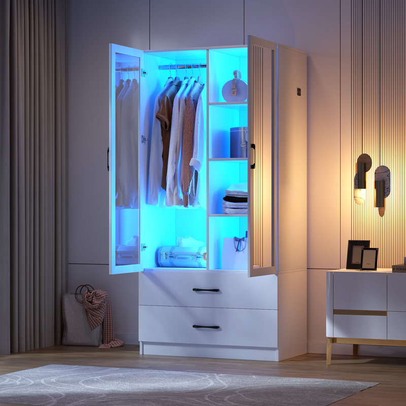 2 Doors Armoire Wardrobe With 2 Drawers And Human Sensory Module, Natural