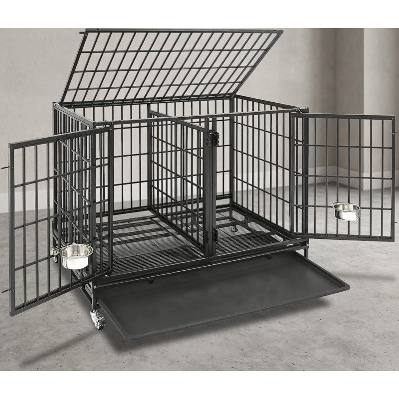 Système de cage double renforcée extra-haute de 109 cm (43 pouces) avec séparateur, deux portes avant, ouverture sur le dessus, roulettes verrouillables, gamelles et plateau amovible pour chiens de petites, moyennes et grandes races, éleveurs