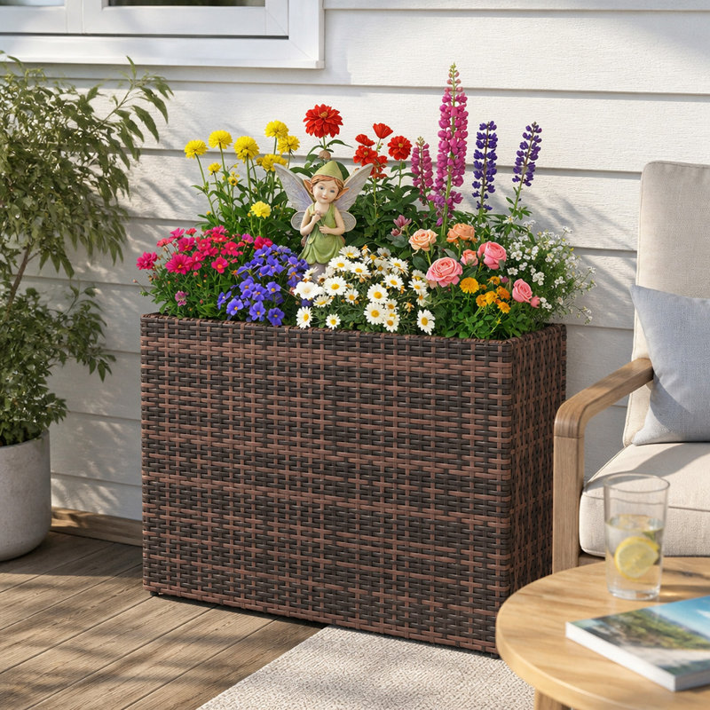 Jardinière rectangulaire haute avec doublure amovible et trous de drainage, grande jardinière en résine tressée marron pour fleurs et légumes d'intérieur et d'extérieur