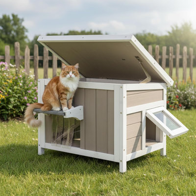 Insulated Cat House, Outdoor Small Feral Cat Shelter for Winter with Escape Door