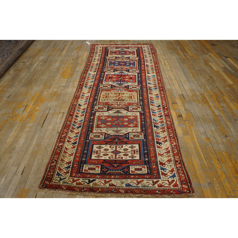 Antique Hallway Runner Size Tribal Geometric Caucasian Kuba Rug
