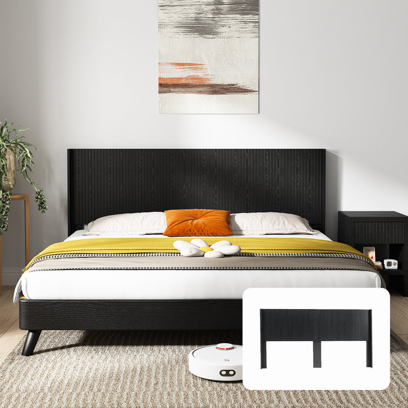 80.2" Wide King Bed Wood Headboard - Modern Aesthetic Touch, Wall Mounted Fluted Panel Wingback Concept, Black Oak Shading, Elegant Real Likeness, Contemporary 3D Carving Art, Comfortable And Stylish