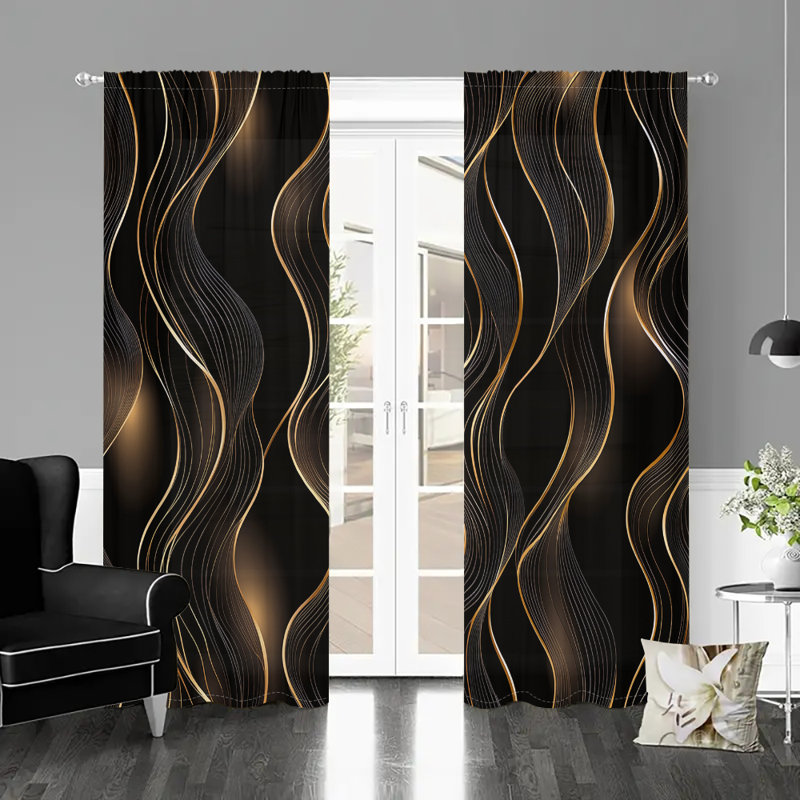 2Pcs Black Gold Wave Curtains Luxury Modern Pattern Rod Pocket Curtain Panels Golden Wavy Line Window Treatment Living Room Bedroom Dining Home Decor