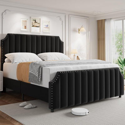 Structure de lit, structure de lit tapissier en velours, tête de lit et pied de lit capitonnés à rainure verticale de 50 po avec garniture cloutée, support de lattes en bois silencieux, capacité de 1000 lb, aucun sommier nécessaire