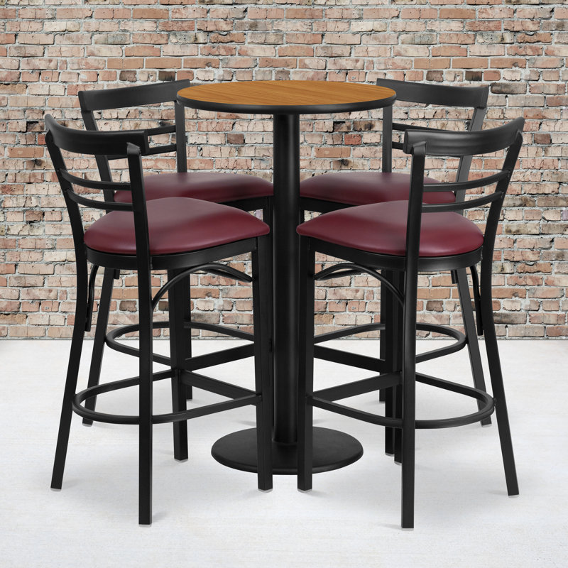 Naro 24'' Round Laminate Table Set with Round Base and 4 Ladder Back Metal Barstools, Natural, Burgundy