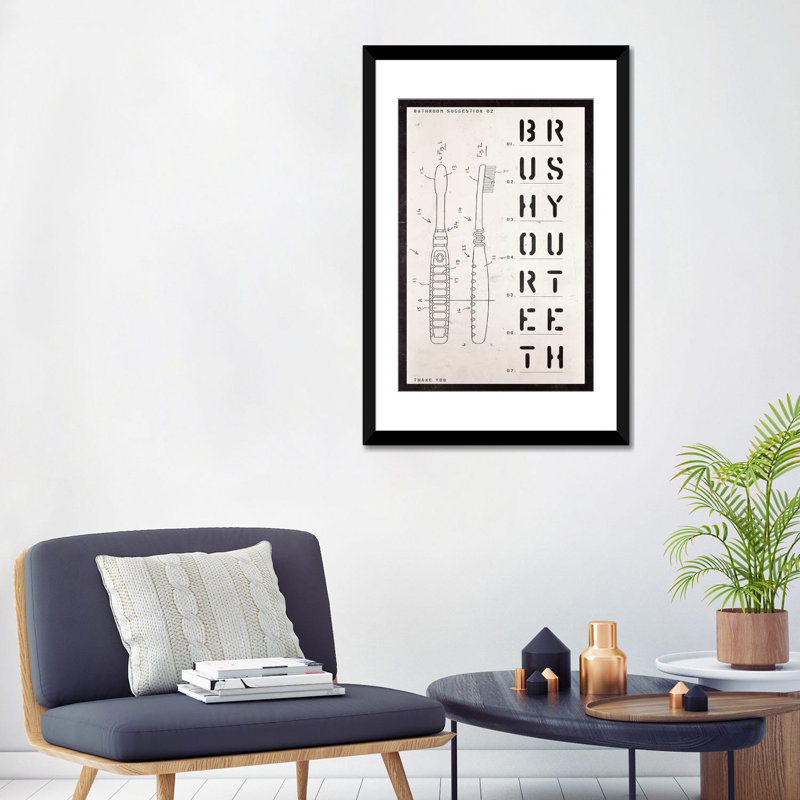 «Toothbrush Brevet Print», impression sur toile, H 32 po x l 24 po x P 1 po, Papier d'art encadré noir, Blanc