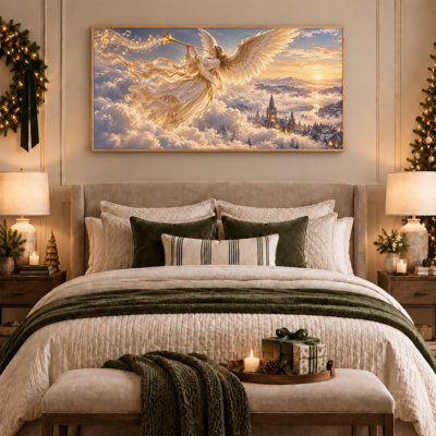 Angel Playing Trumpet With Golden Wings Over Christmas Canvas Wall Art