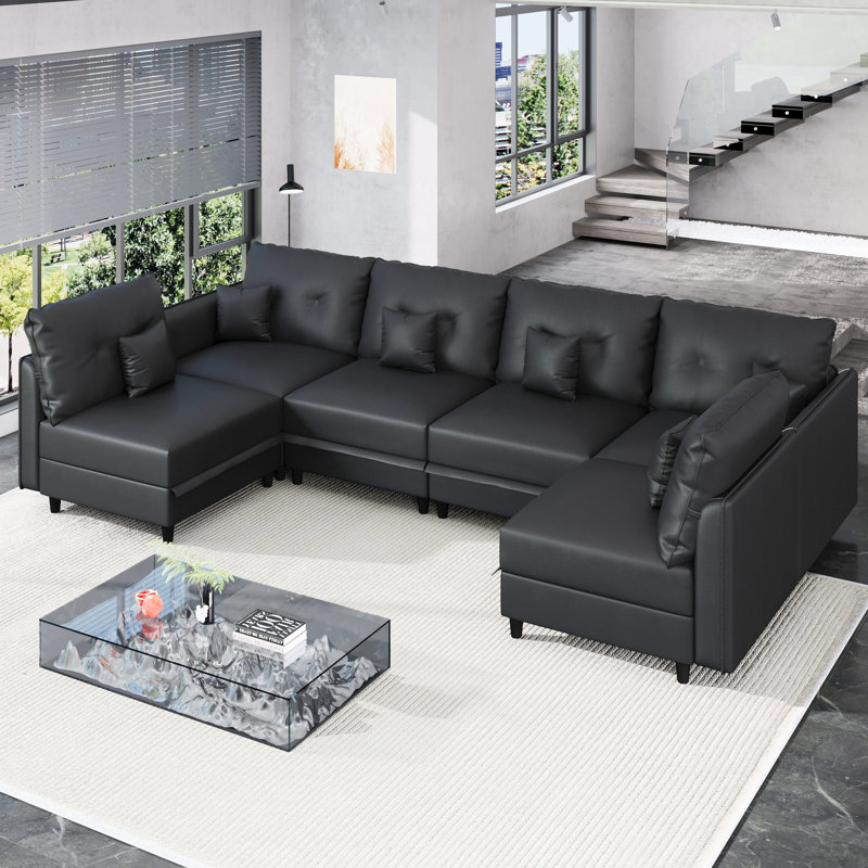 Tomario 6 - Piece Upholstered U-Shaped Modular Sectional With Storage, Black  Faux Leather