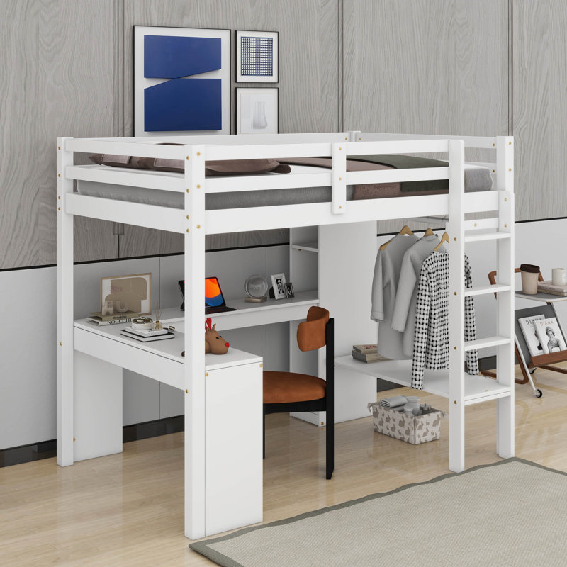 Lit mezzanine simple avec bureau en L, garde-robe et tablettes, Blanc