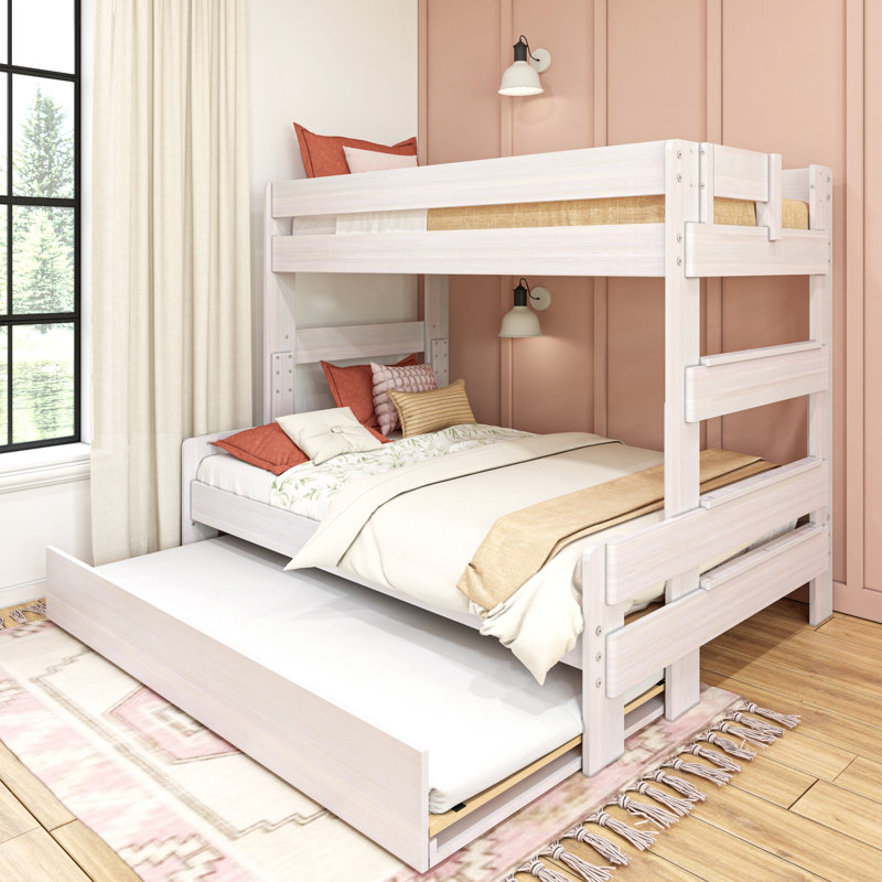 Decimus Kids Twin Over Full Bunk Bed with Trundle, White Wash