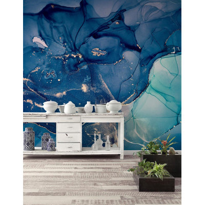 Dark Blue And Turquoise Ink Gold Look Veins Removable Wallpaper
