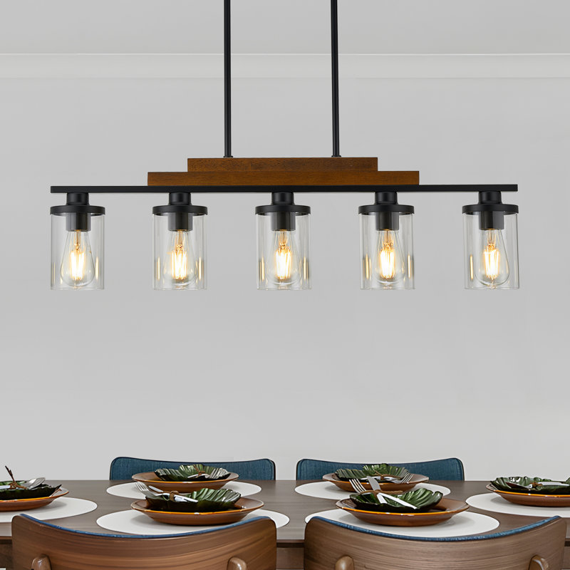 Luminaire suspendu de cuisine 5 lumières, lustre en bois à deux niveaux