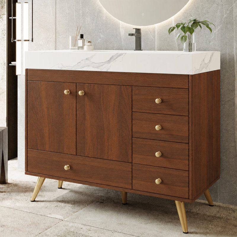 Meuble-lavabo autoportant moderne 36 po avec 1 armoire et 5 tiroirs, comptoir en pierre frittée, lavabo en céramique et pieds en acier inoxydable