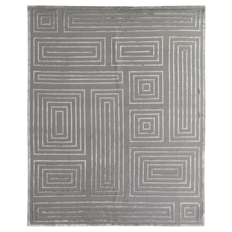 Metro-Velvet Hand Knotted Geometric Area Rug in Silver, Rectangle 9' x 12'