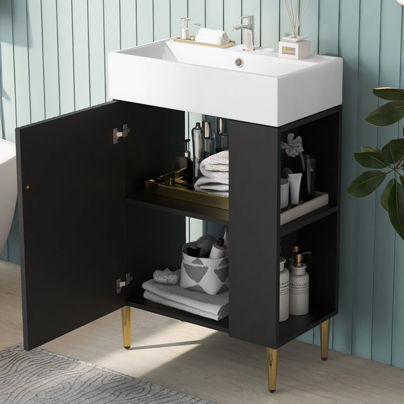 21.6" Black Bathroom Vanity, Combo Cabinet, Bathroom Storage Cabinet, Single Ceramic Sink, Right Side Storage, Black