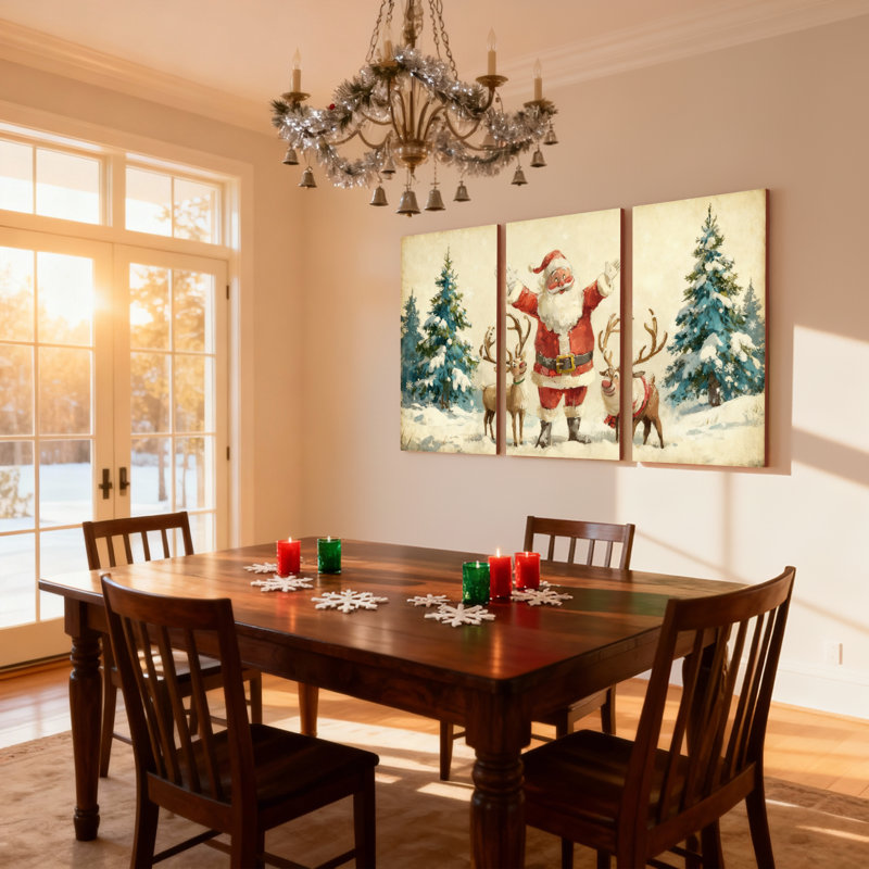 Père Noël de Noël avec renne dans la forêt enneigée, ensemble de 3 impressions sur toile, H 30 po x l 60 po
