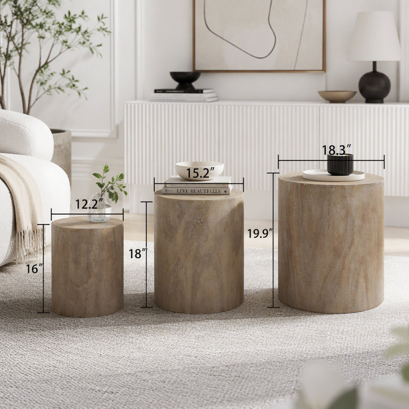 Ensemble de 3 tables basses arrondies en bois avec fini rustique, Naturel, bois naturel, bois naturel délavé