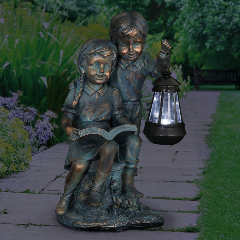 Solar Faux Bronze Girl and Boy Garden Statue with LED Lantern
