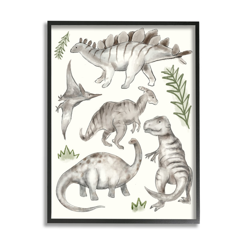 Dinosaures gris ludiques, plantes vertes minimes, Giclée encadrée noir minuit, H 14 po x l 11 po