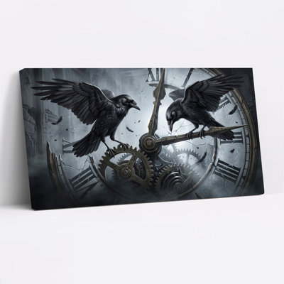 Deux corbeaux noirs sur des engrenages d'horloge brisés - Décoration murale sur toile pour l'Halloween