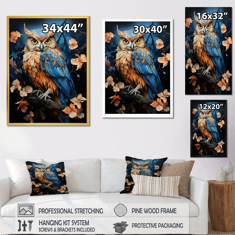 Blue Owls Moonlight Realm II sur impression sur toile, H 20 po x l 12 po x P 1 po, Cadre flottant doré