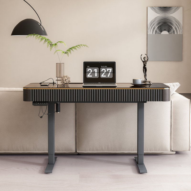 High-quality Swivel Computer Desk,Height Adjustable Reversible Standing Desk,Home office Desk,Power Outlet, Glass Top,Easy to assemble