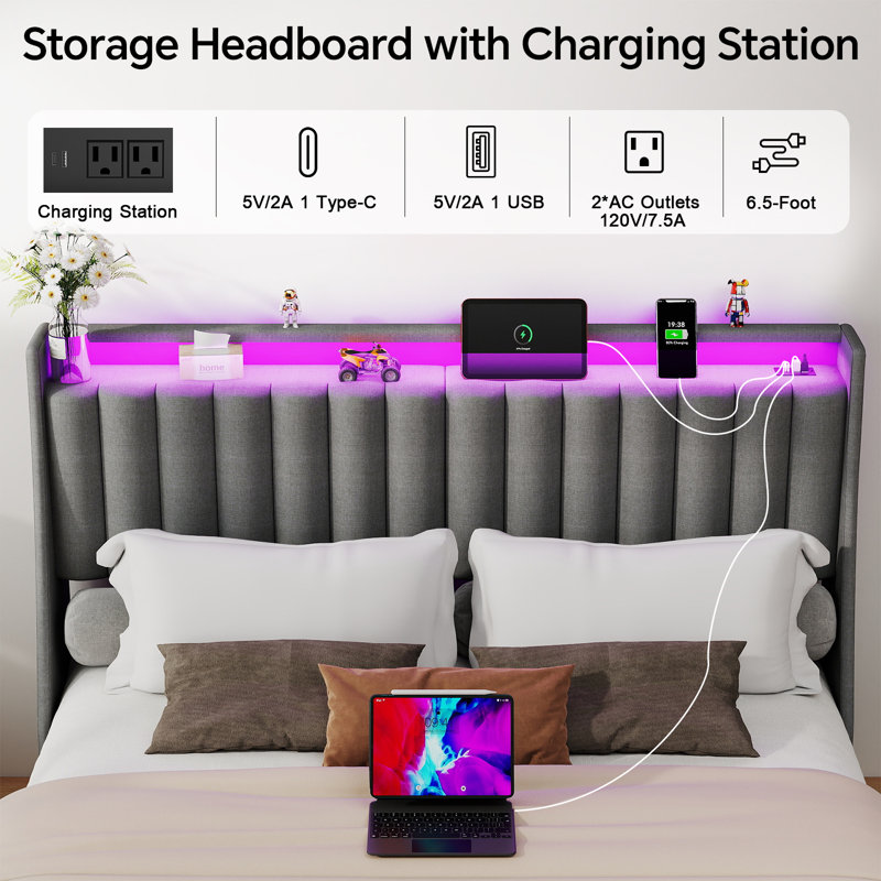 Queen Upholstered Bed Frame with 4 Drawers, Bed with Storage Headboard, Charging Station and LED Lights, Queen