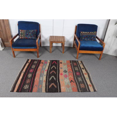 Tapis rétro kilim turc rétro avec motif brun neutre - pièce de décoration antique pour chambre Anatolian