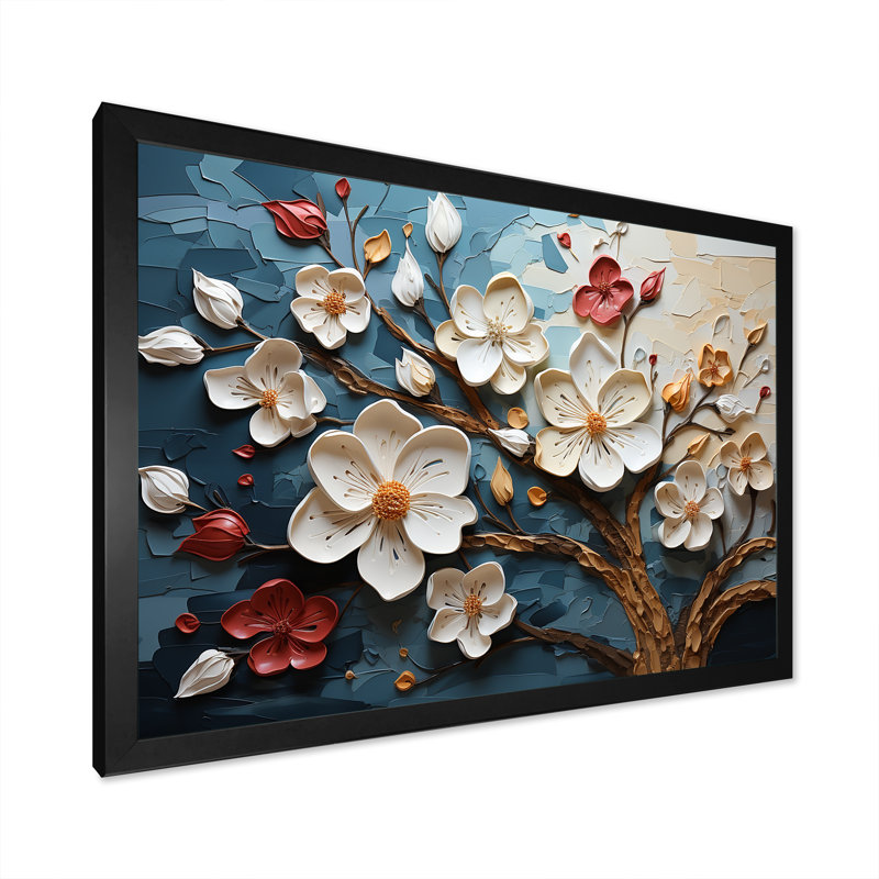 Arbre dynamique à pétales blancs et roses IV - art floral abstrait, Cadre d'angle fermé noir, H 16 po x l 32 po x P 1 po
