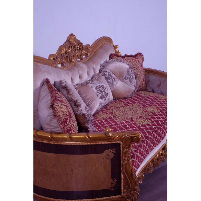 3 Piece Modigliani Sofa Red Gold Fabric, Red Burgundy/Gold