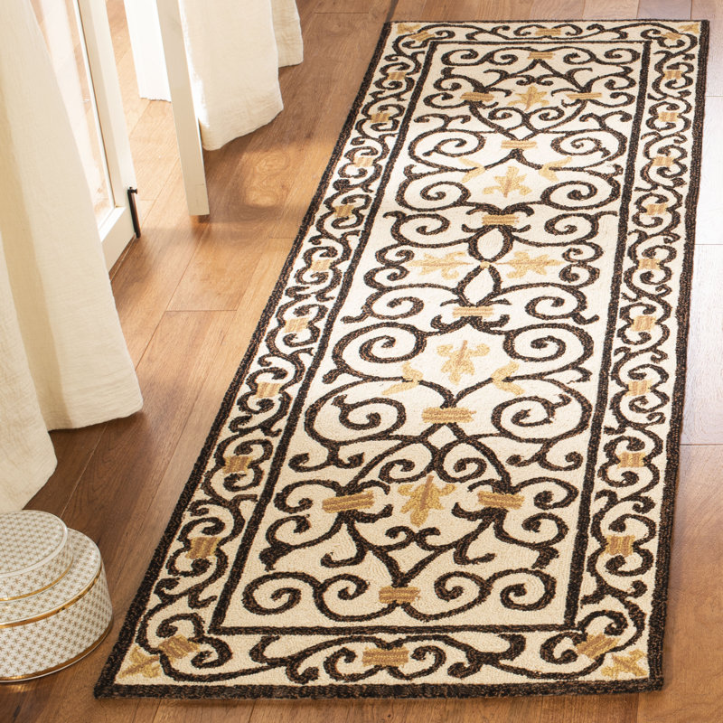 Helena Oriental Hand Hooked Wool Ivory / Dark Brown Area Rug, Runner 2'6" x 12'