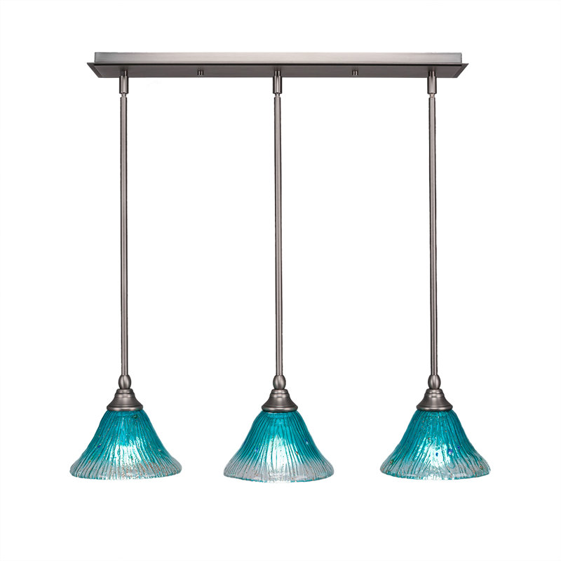 3 Light Stem Hung Linear Pendalier Shown With 7" Teal Crystal Glass, 6.5" H x 27" W x 7" D, Blue, Dark Granite