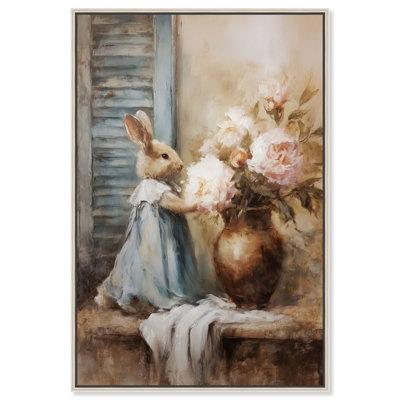 Floral Bunny Framed Canvas Print Easter Wall Decor by Art Remedy, Black Frame, 10 x 15
