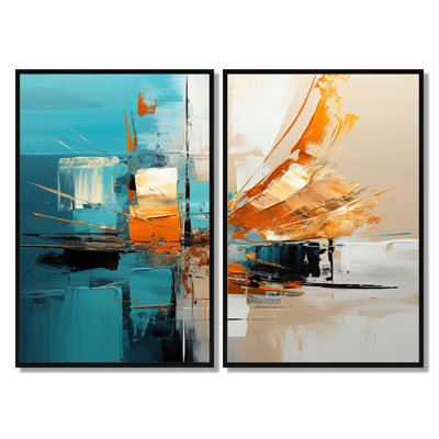 «Glorious Sunset Orange Turquoise Abstract», reproduction sur toile abstraite, art mural abstrait turquoise 2 panneaux