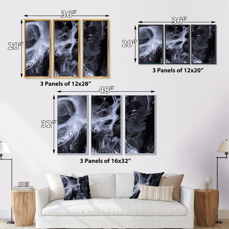 Vagues de marbre noir et blanc - ensemble d'art mural moderne sur toile encadrée 3, H 20 po x l 36 po, Doré