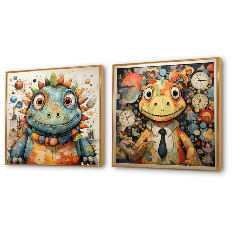 Cubist Dinosaur Nursery I - ensemble de 2 reproductions d'art mural de dinosaures, Cadre flottant doré