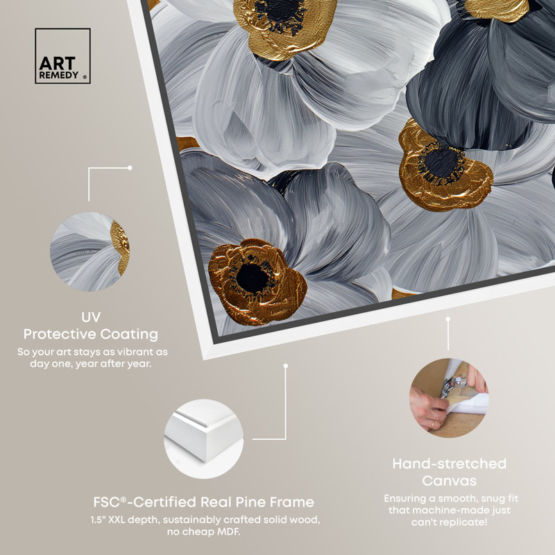 Gold and Gray Floral Canvas Print with White Frame, 25" x 25"