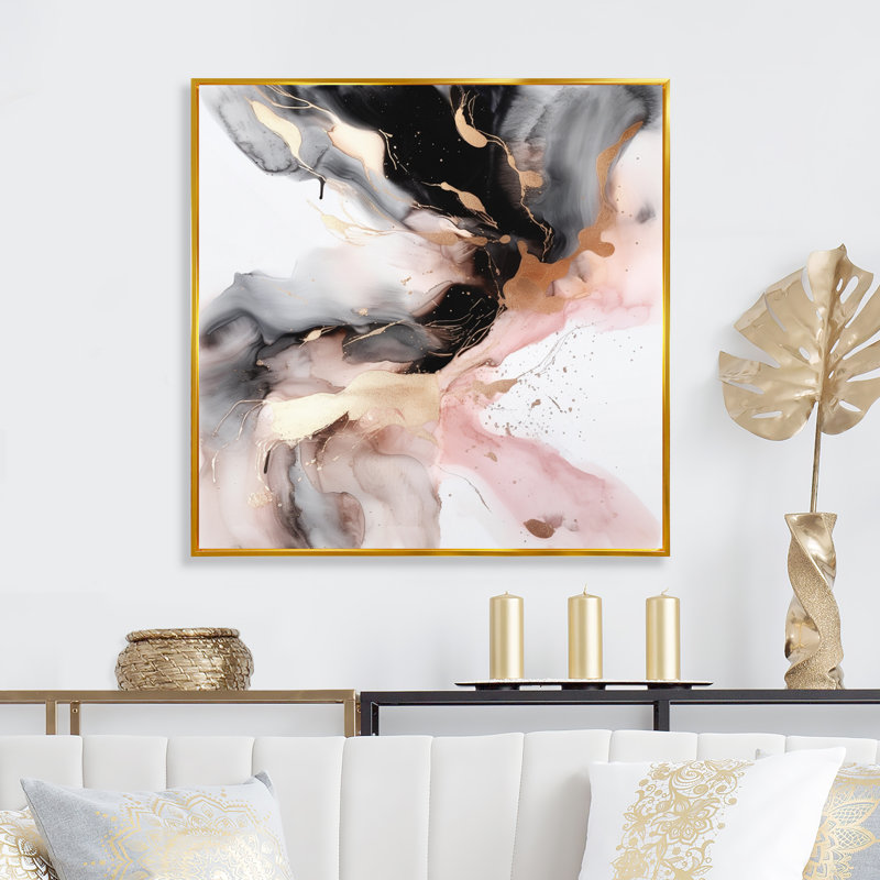 Marbre texturé rose noir I - art abstrait en marbre, H 36 po x l 36 po x P 1,5 po, Toile avec cadre flottant or