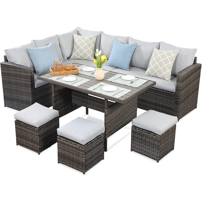 Ensemble de canapé modulaire 7 pièces en rotin et osier avec coussins gris