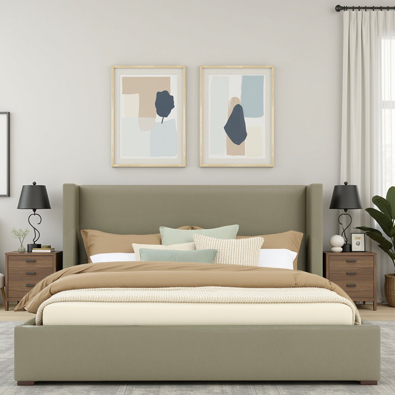 Vegan Leather Wingback Bed, King, Stone