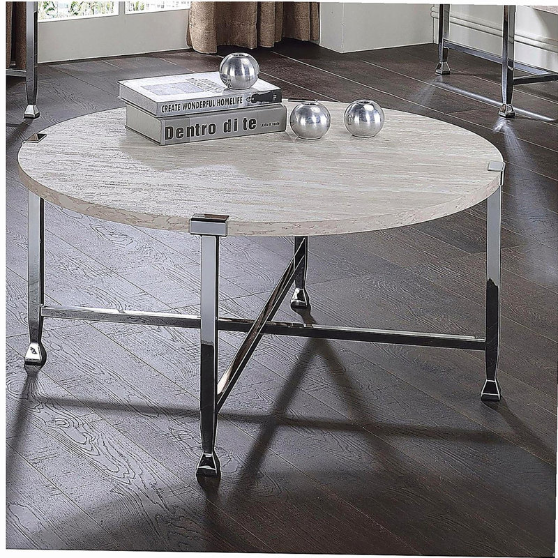 Table basse ronde avec cadre en métal, chêne blanc et chrome
