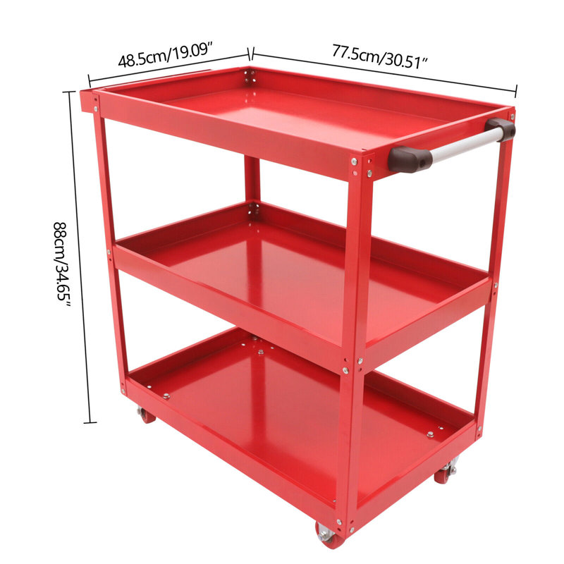 30.5" Heavy Duty Industrial Service Cart 3 Tier Rolling Tool Cart Steel Utility Cart, Red