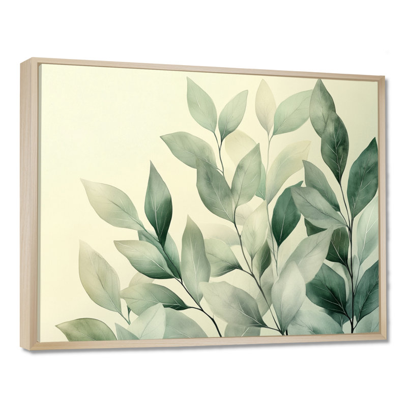 «Soft Sage Leaves V - Green Foliage», art sur toile encadré, H 16 po x l 32 po, Cadre naturel flottant