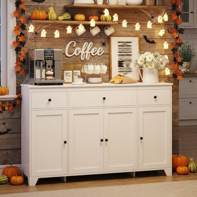 55" Sideboard Buffet Cabinet with Storage, Minimalist Kitchen Storage Cabinet with 3 Drawers & 4 Doors, Farmhouse Buffet Console Table Coffee Bar with Adjustable Shelf for Kitchen