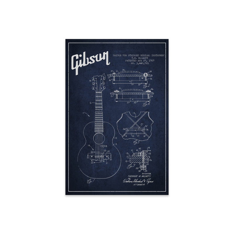 " Gibson Stringed Patent Blueprint " by Aged Pixel, Navy Blue