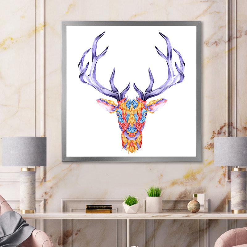 " Multicolor Deer Head " Painting Print, 16" H x 16" W x 1" D, Silver Picture Framed Canvas