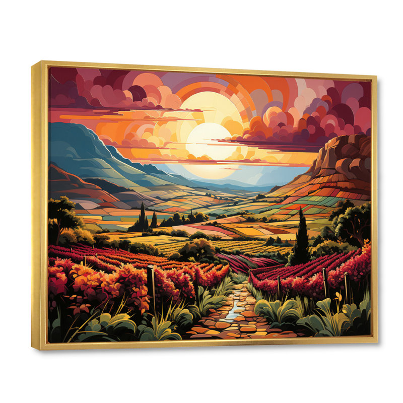 «Vineyard Sunset Rows Of Ruby Landscape II», reproduction sur toile, Cadre flottant doré, H 12 po x l 20 po x P 1 po