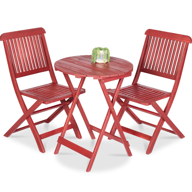 3-Piece Acacia Wood Bistro Set, Folding Patio Furniture W/ 2 Chairs, Table - Ruby, Red
