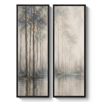 Forêt de bouleaux bleu et or avec reflets dans l'eau – Ensemble de 2 impressions d'art encadrées sur toile 60 po x 20 po x 2