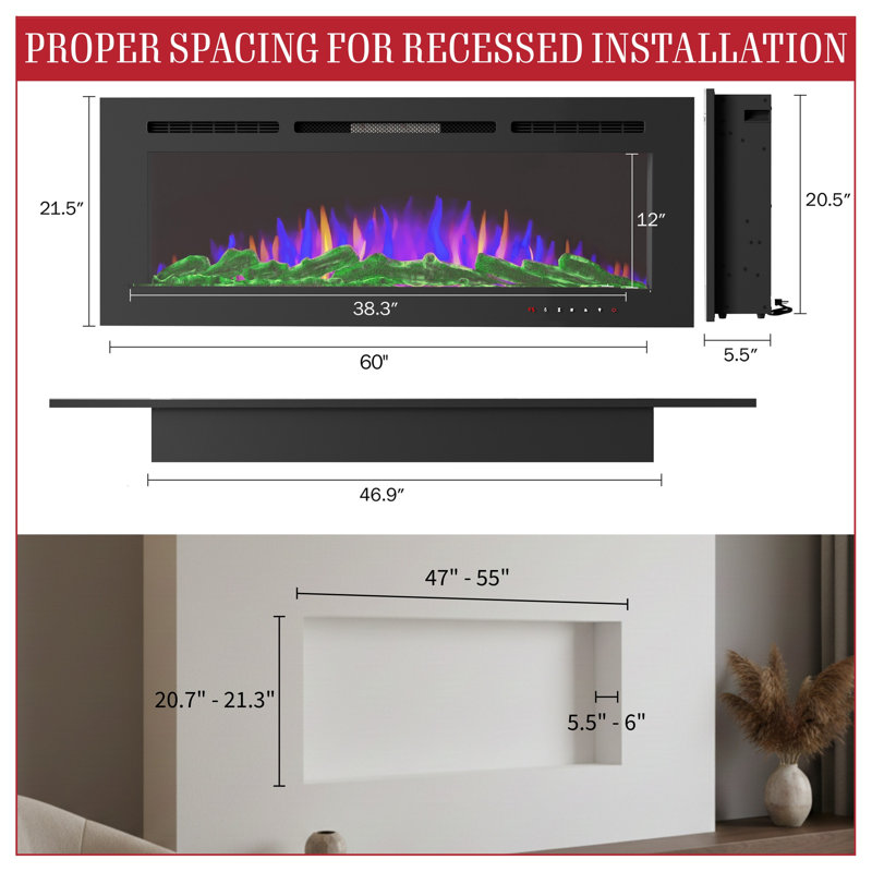 The Twillery Co. 60-Inch Wall Mounted Electric Fireplace - Heater with 3-Color LED Flames, 10 Ember Options, Adjustable Brightness, and Remote
